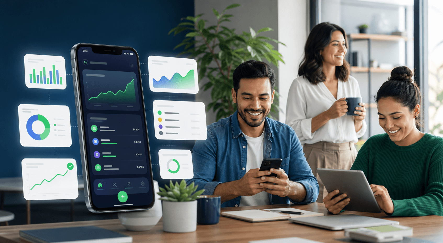 Pessoas sorrindo ao acompanhar planejamento financeiro em dispositivos móveis